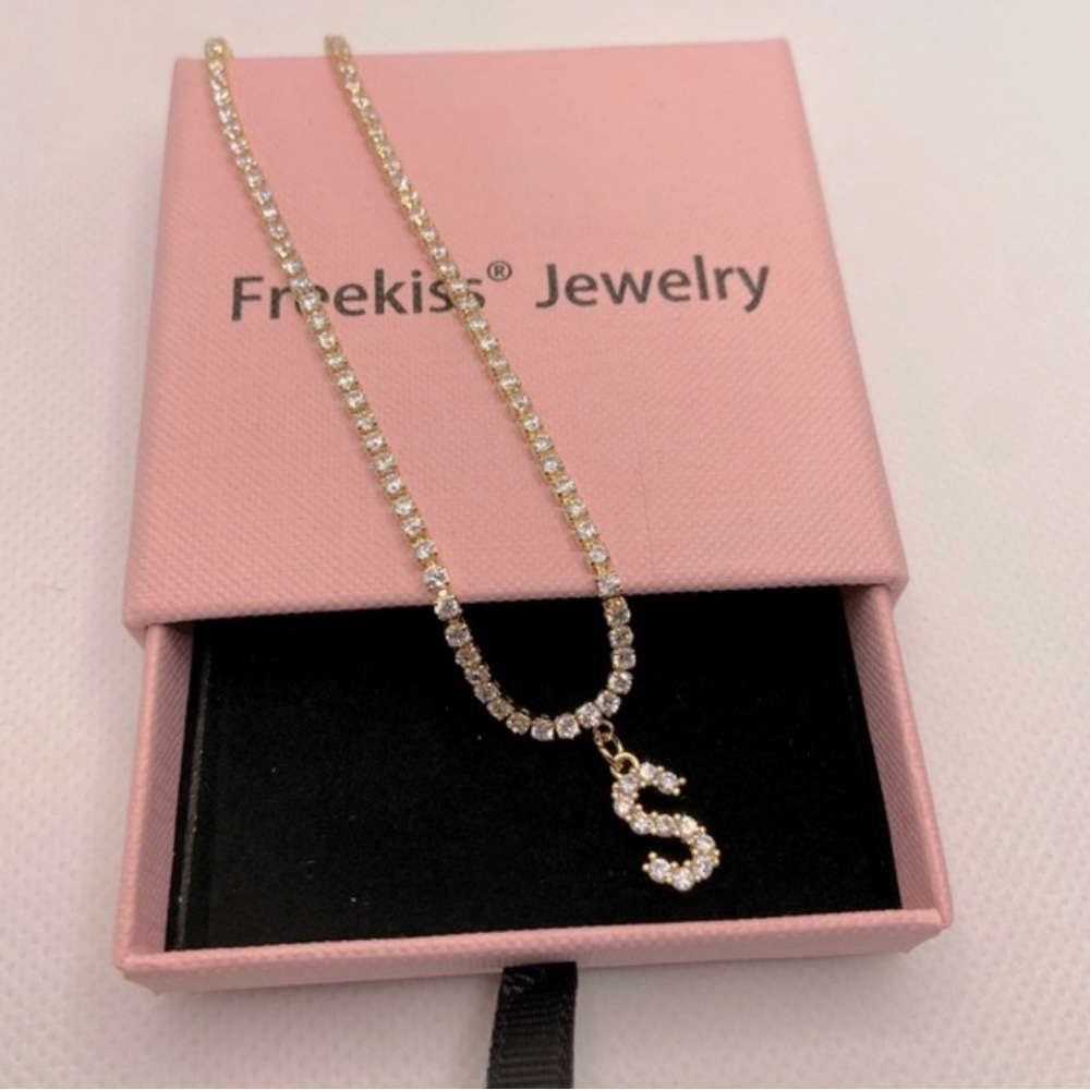 Freekiss Initial “S” Anklet 18K GP Tennis CZ Chain